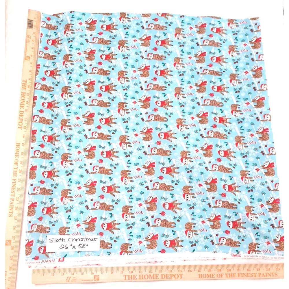 Jo-Ann Sloth Christmas Doodles Blue Red Knit Stretch Fabric 1 Pc 26x58